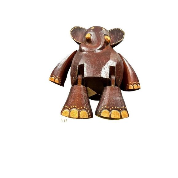 Hand-Carved Wooden Elephant Figurine With Hinged Legs & Decorative Accents - Picture 7 of 9